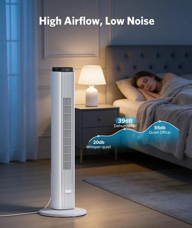 Alt view image 4 of 7 - 36 Inch Tower Fan for Bedroom, 23ft/s Velocity, Oscillating Standing Fans for Room with 6 Speeds, 4 Modes, LED Display, 12H Timer, 80° Bladeless Floor Fans with Remote, Living Room, Office, Home