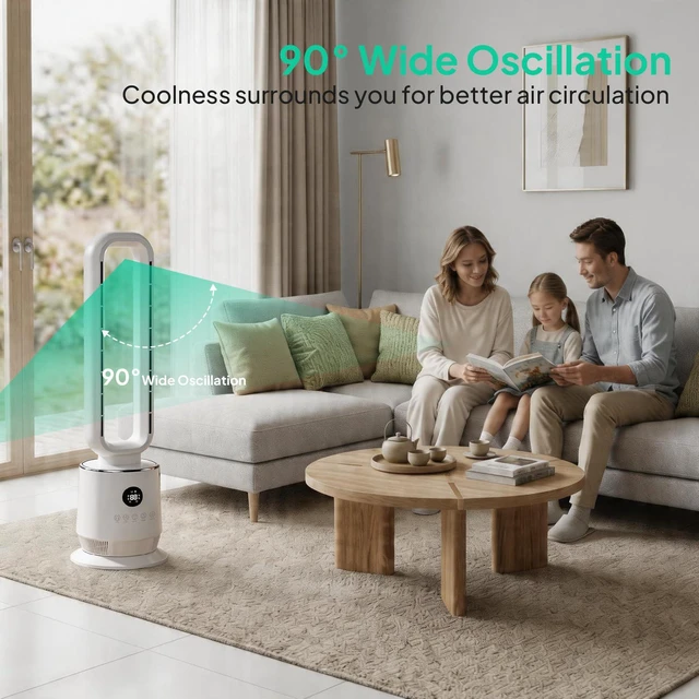 Alt view image 5 of 7 - 32" Bladeless Fan, Quiet Bladeless Tower Fan for Bedroom, Smart Portable Cooling Fan with Remote, 90°Oscillating Tower Fan with 12H Timer, 3 Speeds, 3 Modes for Home, Bedroom, Dorm, Office