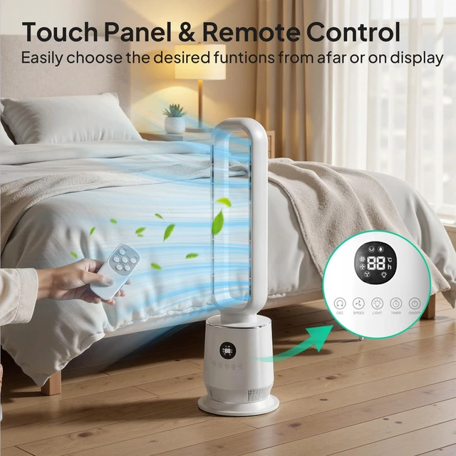 Alt view image 4 of 7 - 32" Bladeless Fan, Quiet Bladeless Tower Fan for Bedroom, Smart Portable Cooling Fan with Remote, 90°Oscillating Tower Fan with 12H Timer, 3 Speeds, 3 Modes for Home, Bedroom, Dorm, Office