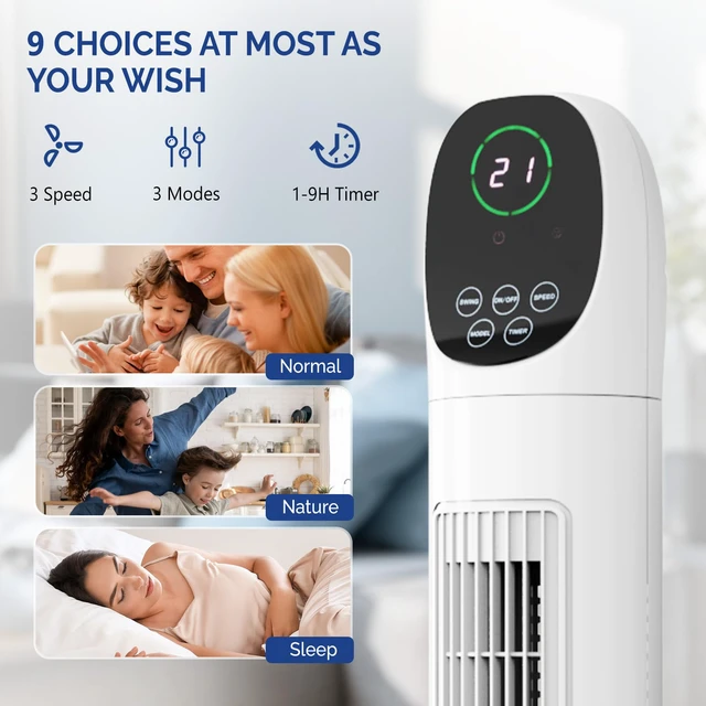 Alt view image 2 of 7 - 34" Tower Fan with Remote Control, Bladeless Floor Fan with 3 Modes 3 Speeds & Digital Display, Standing Fan with Oscillating, 9H Timer, Quiet Fan for Cooling Bedroom, Home, 2-Pack