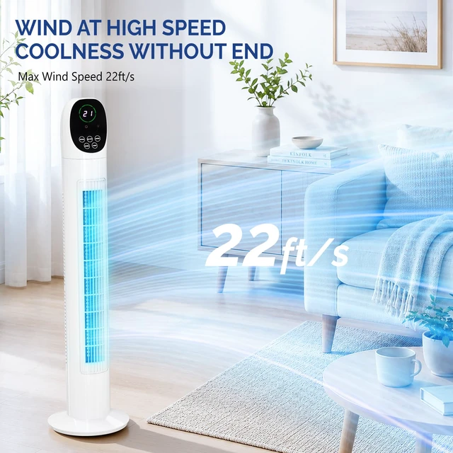 Alt view image 3 of 7 - 34" Tower Fan with Remote Control, Bladeless Floor Fan with 3 Modes 3 Speeds & Digital Display, Standing Fan with Oscillating, 9H Timer, Quiet Fan for Cooling Bedroom, Home, 2-Pack