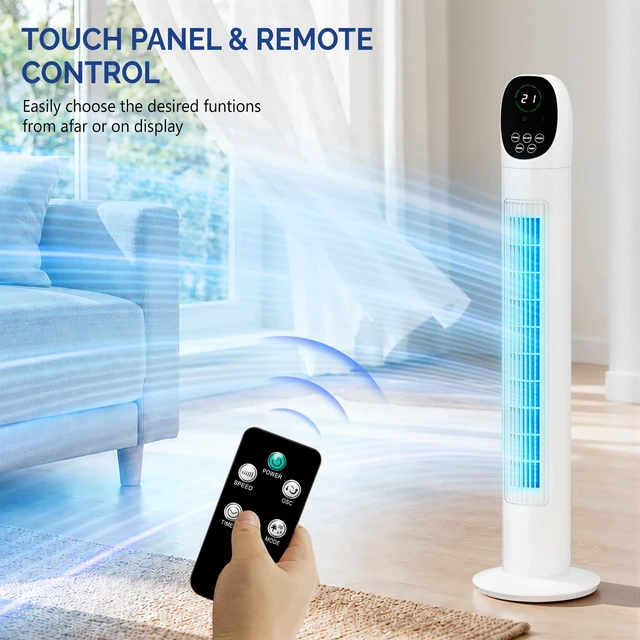 Alt view image 4 of 7 - 34" Tower Fan with Remote Control, Bladeless Floor Fan with 3 Modes 3 Speeds & Digital Display, Standing Fan with Oscillating, 9H Timer, Quiet Fan for Cooling Bedroom, Home, 2-Pack