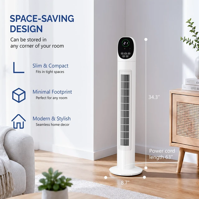 Alt view image 6 of 7 - 34" Tower Fan with Remote Control, Bladeless Floor Fan with 3 Modes 3 Speeds & Digital Display, Standing Fan with Oscillating, 9H Timer, Quiet Fan for Cooling Bedroom, Home, 2-Pack
