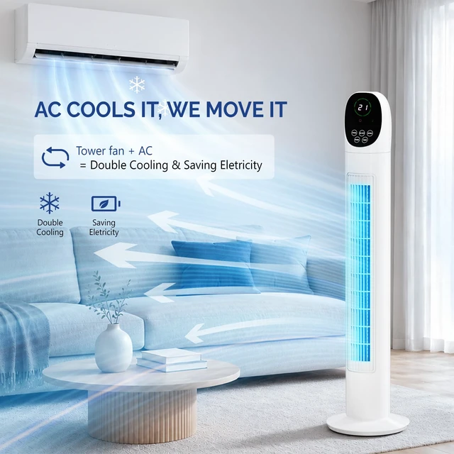 Alt view image 5 of 7 - 34" Tower Fan with Remote Control, Bladeless Floor Fan with 3 Modes 3 Speeds & Digital Display, Standing Fan with Oscillating, 9H Timer, Quiet Fan for Cooling Bedroom, Home, 2-Pack
