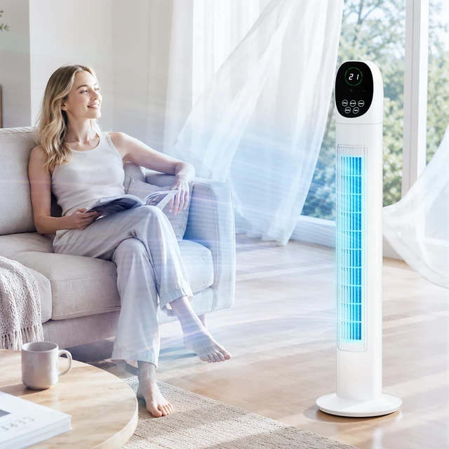 Alt view image 7 of 7 - 34" Tower Fan with Remote Control, Bladeless Floor Fan with 3 Modes 3 Speeds & Digital Display, Standing Fan with Oscillating, 9H Timer, Quiet Fan for Cooling Bedroom, Home, 2-Pack