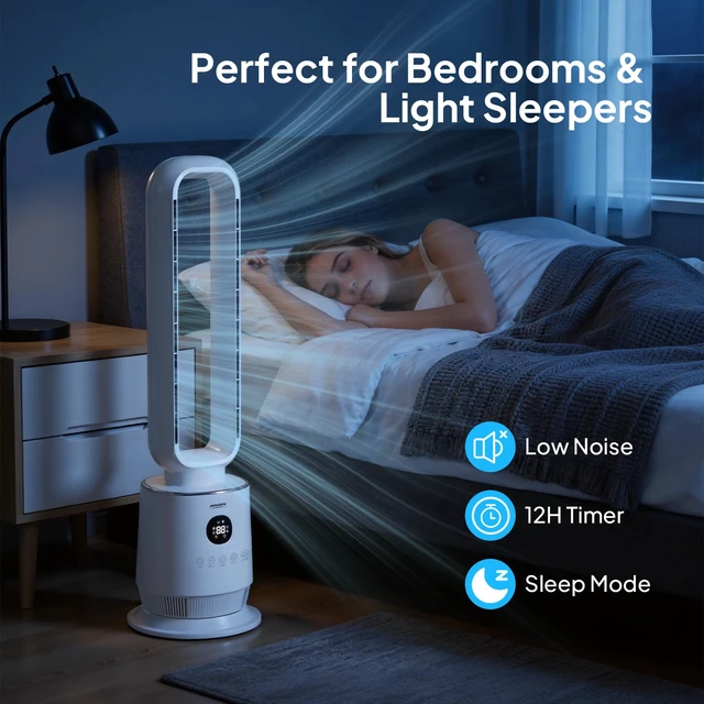 Alt view image 5 of 7 - 32inch Bladeless Tower Fan, Quiet Smart Bladeless Fan for Bedroom, 90°Oscillating Cooling Fan with 3 Speeds, 3 Modes, 12H Timer, Compact Tower Fan with Remote, Safe Design for Home, Bedroom