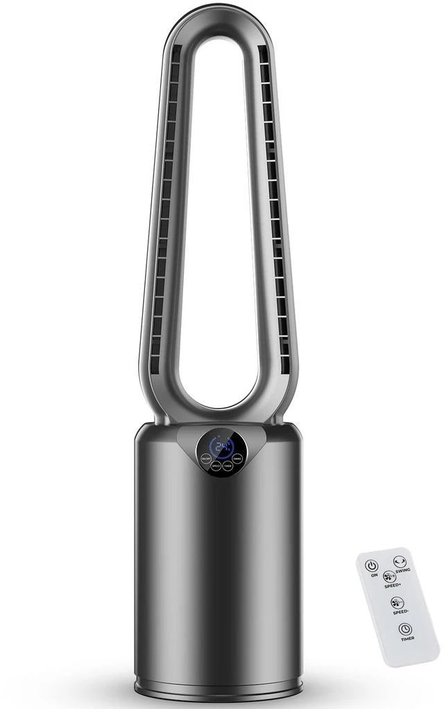 Main image of Bladeless Tower Fan with Powerful Airflow, Ultra-Quiet DC Motor (22 dB), 8 Speed Levels & 4 Modes, Remote Control, 12H Timer, 90° Oscillation, Safe Design for Bedroom, Home, Office - White/Silver