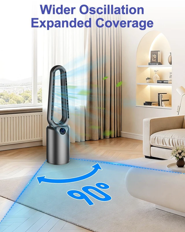 Alt view image 3 of 7 - Bladeless Tower Fan with Powerful Airflow, Ultra-Quiet DC Motor (22 dB), 8 Speed Levels & 4 Modes, Remote Control, 12H Timer, 90° Oscillation, Safe Design for Bedroom, Home, Office - White/Silver