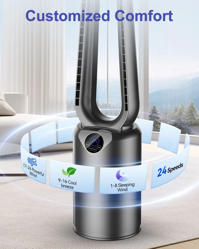 Alt view image 4 of 7 - Bladeless Tower Fan with Powerful Airflow, Ultra-Quiet DC Motor (22 dB), 8 Speed Levels & 4 Modes, Remote Control, 12H Timer, 90° Oscillation, Safe Design for Bedroom, Home, Office - White/Silver
