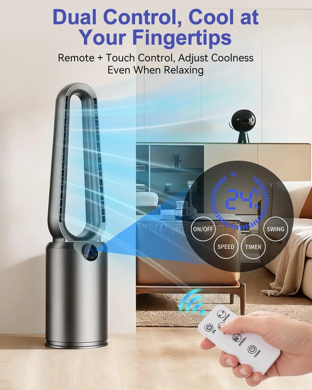 Alt view image 5 of 7 - Bladeless Tower Fan with Powerful Airflow, Ultra-Quiet DC Motor (22 dB), 8 Speed Levels & 4 Modes, Remote Control, 12H Timer, 90° Oscillation, Safe Design for Bedroom, Home, Office - White/Silver