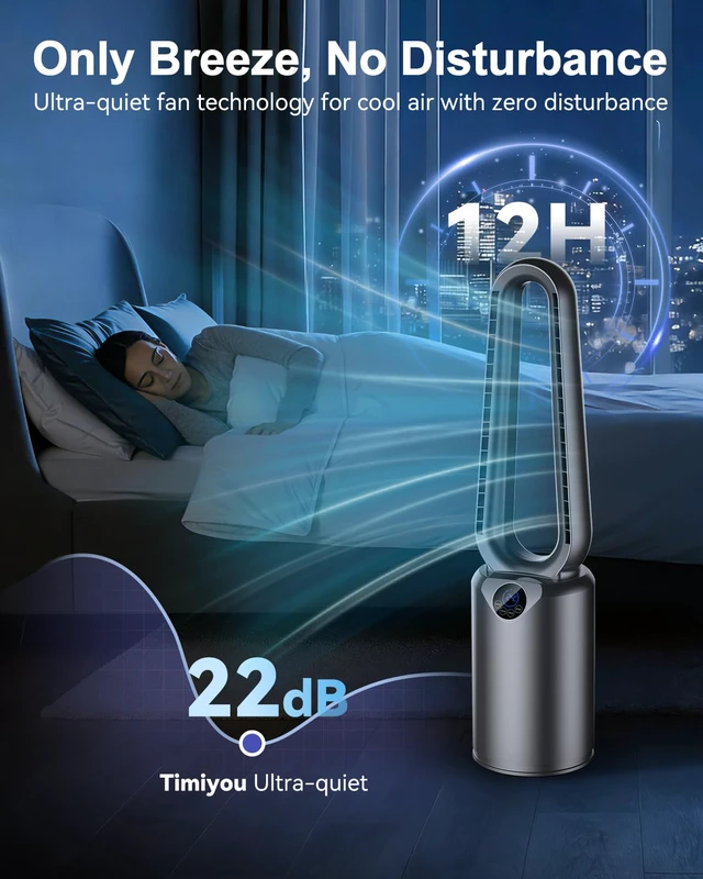 Alt view image 6 of 7 - Bladeless Tower Fan with Powerful Airflow, Ultra-Quiet DC Motor (22 dB), 8 Speed Levels & 4 Modes, Remote Control, 12H Timer, 90° Oscillation, Safe Design for Bedroom, Home, Office - White/Silver