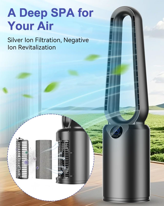 Alt view image 7 of 7 - Bladeless Tower Fan with Powerful Airflow, Ultra-Quiet DC Motor (22 dB), 8 Speed Levels & 4 Modes, Remote Control, 12H Timer, 90° Oscillation, Safe Design for Bedroom, Home, Office - White/Silver