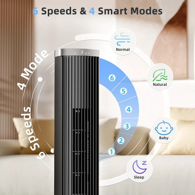 Alt view image 2 of 7 - Tower Fan with Remote, 6 Speeds, 4 Modes, 24H Timer, 60° Oscillation for Bedroom, Office, Kitchen, 41-Inch Bladeless Tower Fan,Black