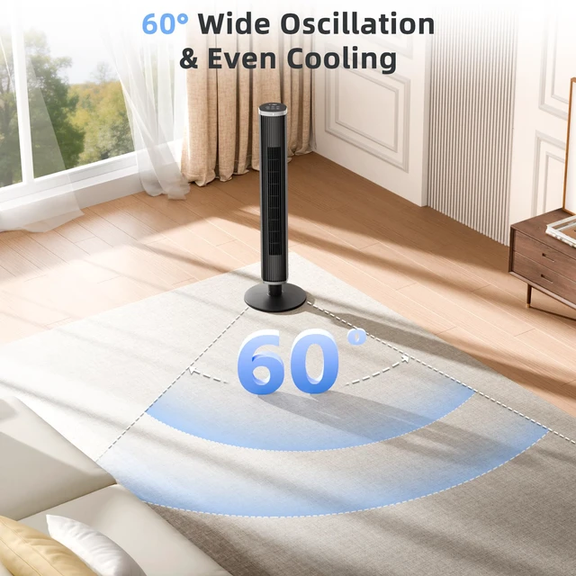 Alt view image 6 of 7 - Tower Fan with Remote, 6 Speeds, 4 Modes, 24H Timer, 60° Oscillation for Bedroom, Office, Kitchen, 41-Inch Bladeless Tower Fan,Black