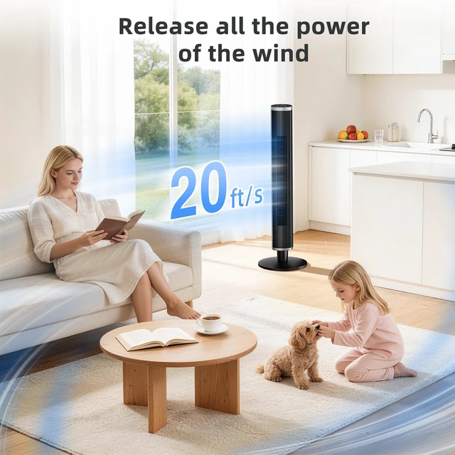 Alt view image 7 of 7 - Tower Fan with Remote, 6 Speeds, 4 Modes, 24H Timer, 60° Oscillation for Bedroom, Office, Kitchen, 41-Inch Bladeless Tower Fan,Black