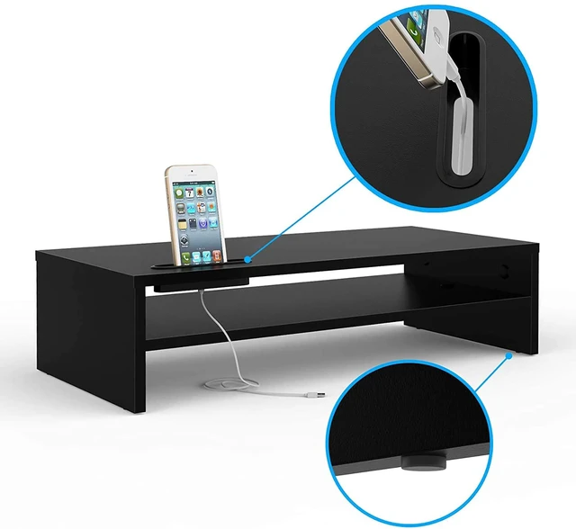 Alt view image 4 of 7 - Wood Monitor Stand Riser, 2-Tier Desktop Organizer | Ergonomic Computer Stand for Desk, Cable Management, Cellphone Holder, 21.3 Inch Shelf, Black