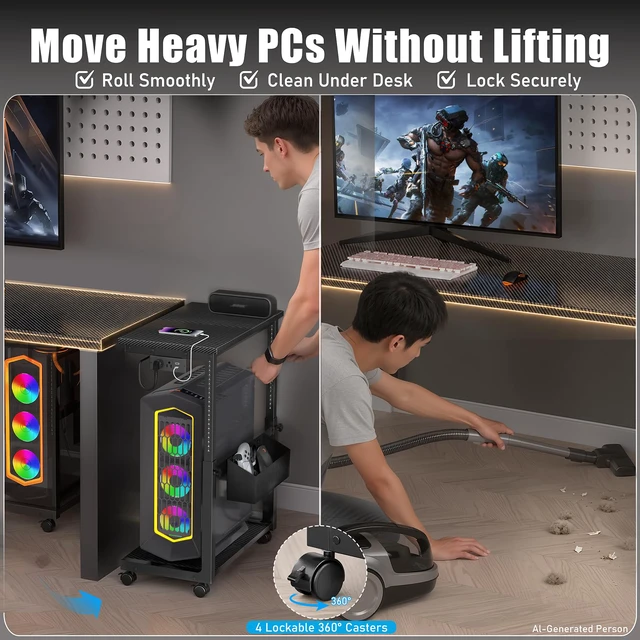 Alt view image 4 of 6 - Adjustable Computer Tower Stand - 18.1"-31.5" PC Cart for Gaming Setups | CPU Tower Stand with 4 Locking Casters, Charging Station & Storage Bag - Large Rolling PC Shelf for Under-Desk or Desk-Side