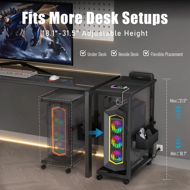 Alt view image 2 of 6 - Adjustable Computer Tower Stand - 18.1"-31.5" PC Cart for Gaming Setups | CPU Tower Stand with 4 Locking Casters, Charging Station & Storage Bag - Large Rolling PC Shelf for Under-Desk or Desk-Side