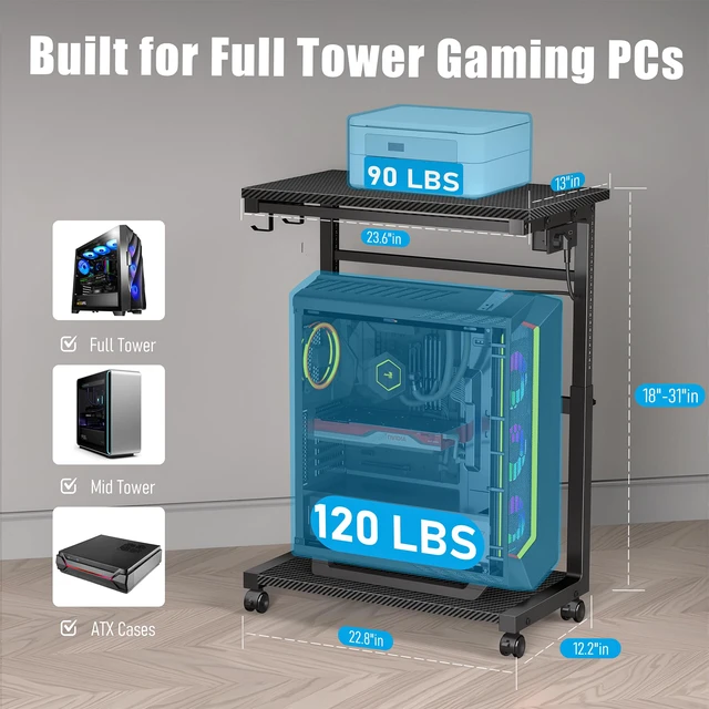 Alt view image 5 of 6 - Adjustable Computer Tower Stand - 18.1"-31.5" PC Cart for Gaming Setups | CPU Tower Stand with 4 Locking Casters, Charging Station & Storage Bag - Large Rolling PC Shelf for Under-Desk or Desk-Side