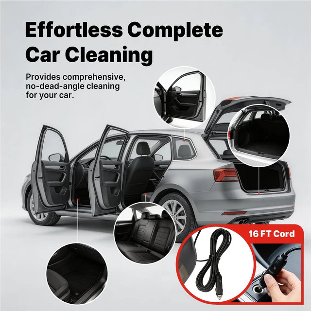 Alt view image 6 of 7 - 12V Car Vacuum Cleaner, 7000 Pa Handheld Vacuum, 16 FT Cord, Black | 7000 Pa Suction Power Portable Vacuum Cleaner for Deep Interior Detail Cleaning, Multiple Nozzles, Cigarette Lighter Plug