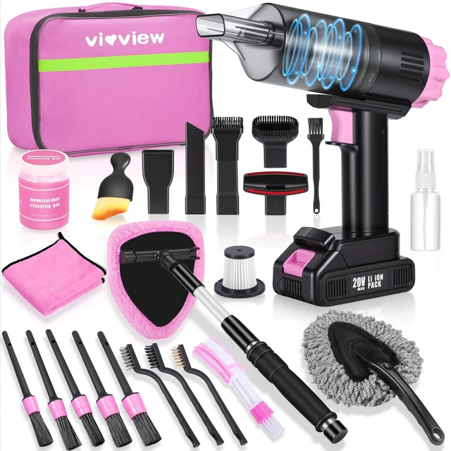 Main image of 25pcs Car Cleaning Kit, Pink Interior Detailing Kit with High Power Vacuum Portable Cordless, Handheld Vacuum Cleaner for Home, Car, Pet Hair, Keyboard, Complete Auto Accessories for Gift