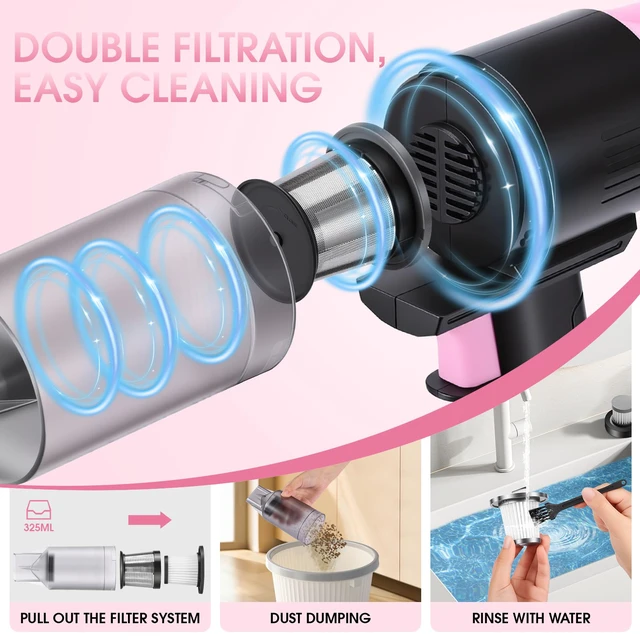 Alt view image 5 of 7 - 25pcs Car Cleaning Kit, Pink Interior Detailing Kit with High Power Vacuum Portable Cordless, Handheld Vacuum Cleaner for Home, Car, Pet Hair, Keyboard, Complete Auto Accessories for Gift