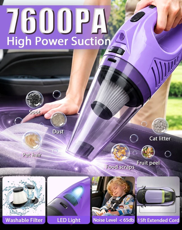 Alt view image 2 of 7 - Car Cleaning Kit with Vacuum,Deep Cleaning for Interior Detailing | 7600PA High Power Corded Handheld Vacuum,Windshield Cleaner Tool, Detailing Brush Set,21Pcs Car Accessories,Gift Set Purple