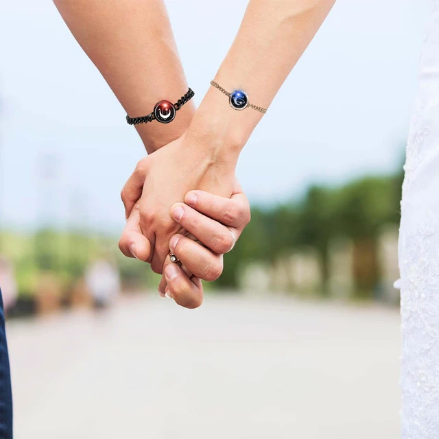 Alt view image 2 of 6 - Long Distance Touch Bracelets, Light up Remote Smart Matching Couples Bracelet for Couple Long Distance Relationship Girlfriend Boyfriend Xmas Valentine's Day Festival Gifts Black Gold Jewelry Set