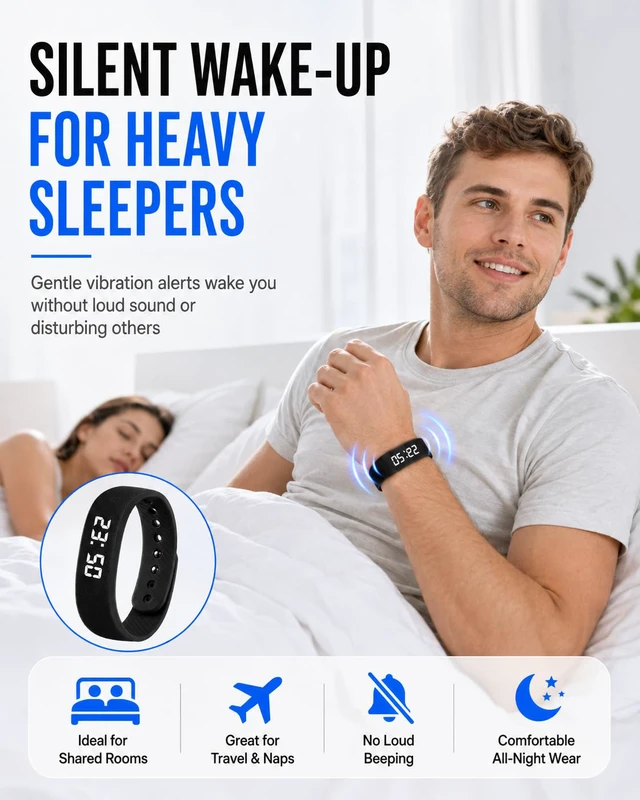 Alt view image 3 of 7 - Vibrating Alarm Clock for Heavy Sleepers Fit Wristband Smart Watch Bracelet Mens Womens Shock Silent Vibration Digital Wrist Wake up for Deep Sleep Very Loud Deaf People Wearable Wrist