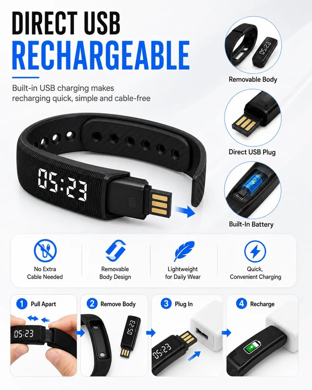 Alt view image 6 of 7 - Vibrating Alarm Clock for Heavy Sleepers Fit Wristband Smart Watch Bracelet Mens Womens Shock Silent Vibration Digital Wrist Wake up for Deep Sleep Very Loud Deaf People Wearable Wrist
