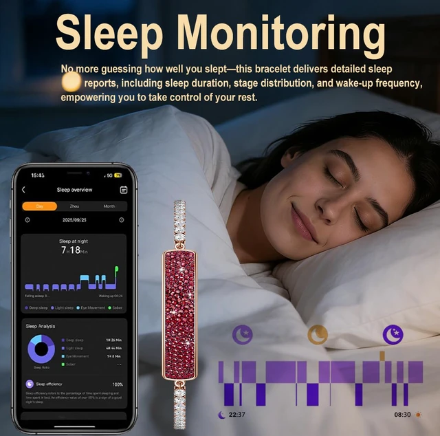 Alt view image 5 of 7 - Women's Smart Bracelet Fitness Tracker - 5ATM Waterproof, 24/7 Heart Rate Blood Oxygen HRV Stress Tracker, 24H Sleep Monitor, Multi-Sport Modes, Free App for iOS & Android,The Best Gift (2 Bands)