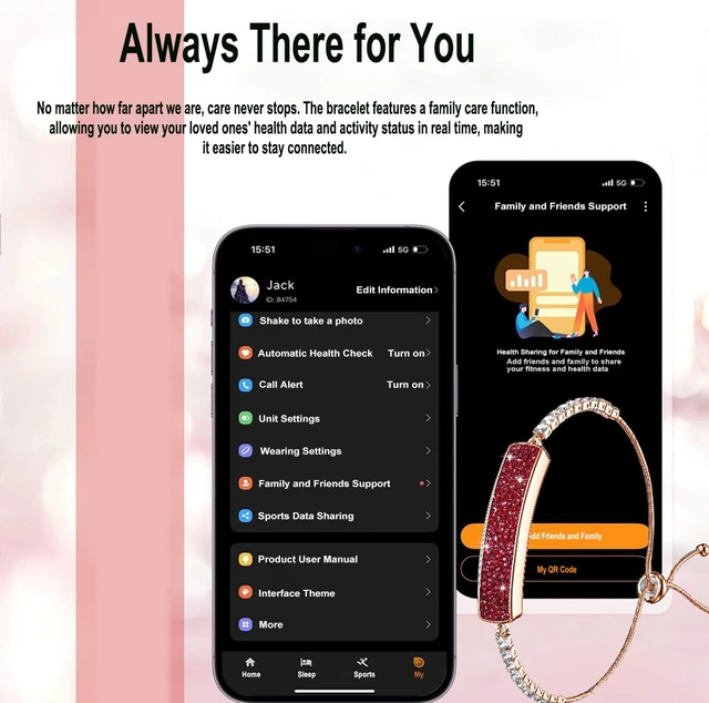 Alt view image 7 of 7 - Women's Smart Bracelet Fitness Tracker - 5ATM Waterproof, 24/7 Heart Rate Blood Oxygen HRV Stress Tracker, 24H Sleep Monitor, Multi-Sport Modes, Free App for iOS & Android,The Best Gift (2 Bands)