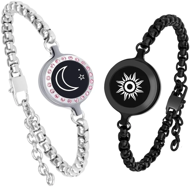Main image of Long Long Distance Touch Bracelets,Vibration & Light up Couples Bracelets, Remote Smart Matching Couples Black silver Bracelet for Couples Long Distance Relationship Girlfriend Boyfriend Xmas Gifts