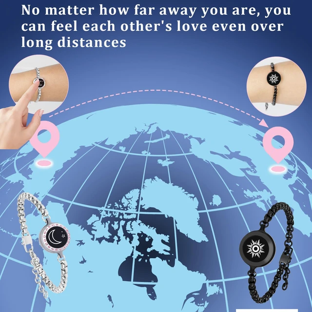Alt view image 2 of 4 - Long Long Distance Touch Bracelets,Vibration & Light up Couples Bracelets, Remote Smart Matching Couples Black silver Bracelet for Couples Long Distance Relationship Girlfriend Boyfriend Xmas Gifts