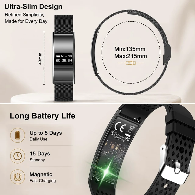 Alt view image 2 of 7 - Smart Bracelet for Women Men, Activity Fitness Tracker, Smart Wristband with Heart Rate/Blood Oxygen/Sleep Monitor/Pedometer, IPX8 Waterproof Slim Smart Watch for Android iPhone, 2 Bands, Black