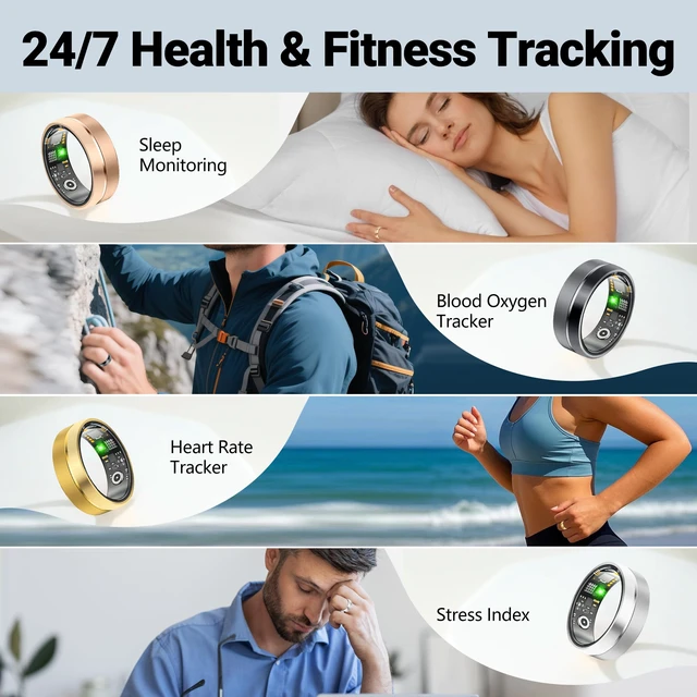 Alt view image 4 of 7 - Smart Ring for Women Men, Health Tracker Ring, 5ATM Waterproof Gold,8 | No Subscription Fee, Fitness Tracking Rings, Heart Rate/SpO2/Stress/Sleep Monitor, Two-Tone Matte, Long Battery Dual Charging