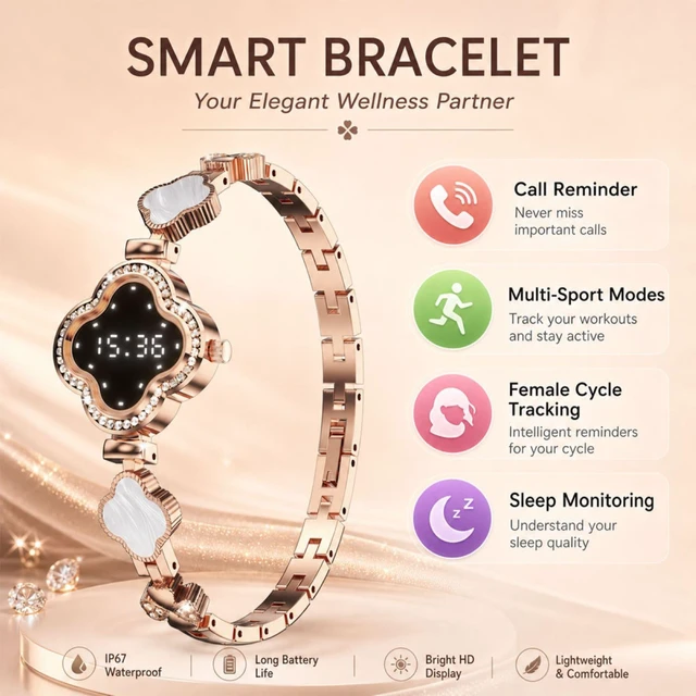 Alt view image 2 of 6 - Smart Bracelet for Women, Luxury Jewelry Fitness Tracker, Gold | IP67 Waterproof, Remote Camera Ultra-Thin Luxury Womens Gold Smart Bracelet for Android iOS Phones