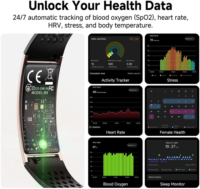 Alt view image 3 of 7 - Smart Bracelet, Subscription-Free 24/7 Health Tracking | Heart Rate, SpO2, HRV & Sleep Tracker with IPX8 Waterproof, Wearable Activity & Fitness Tracker, 7-Day Battery, 2 Bands