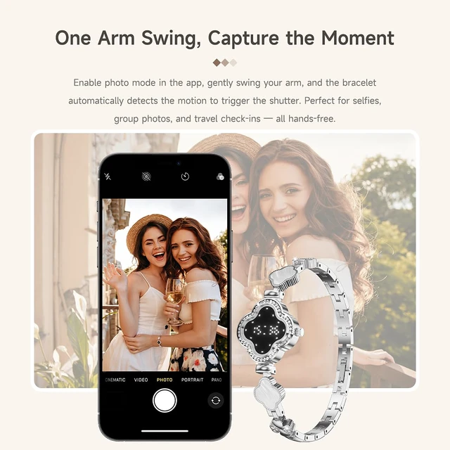 Alt view image 5 of 6 - Smart Bracelet for Women, Luxury Jewelry Fitness Tracker, Gold | IP67 Waterproof, Remote Camera Ultra-Thin Luxury Womens Gold Smart Bracelet for Android iOS Phones