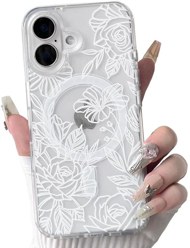 Main image of for iPhone 17 Case Magnetic Cute Line Flower - White | Aesthetic, Compatible with MagSafe, Rose floral design, For girls women, Soft TPU hard PC back, Shockproof, Girly, Waterproof