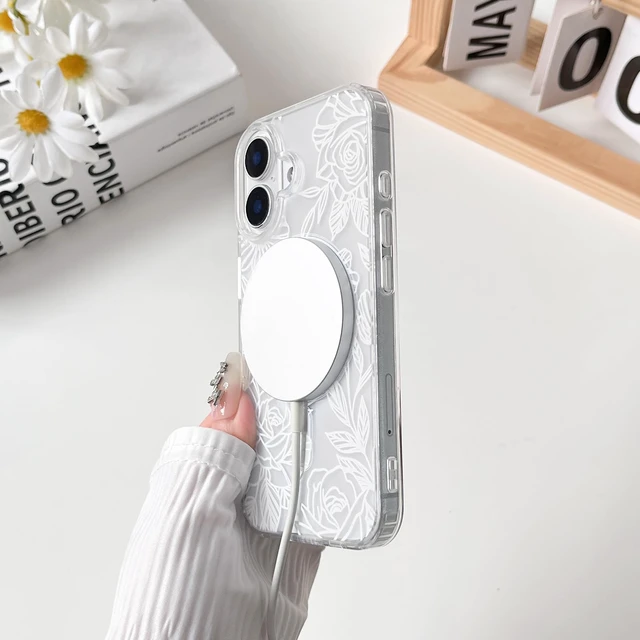 Alt view image 6 of 7 - for iPhone 17 Case Magnetic Cute Line Flower - White | Aesthetic, Compatible with MagSafe, Rose floral design, For girls women, Soft TPU hard PC back, Shockproof, Girly, Waterproof