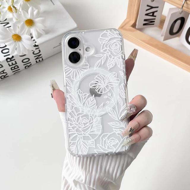Alt view image 4 of 7 - for iPhone 17 Case Magnetic Cute Line Flower - White | Aesthetic, Compatible with MagSafe, Rose floral design, For girls women, Soft TPU hard PC back, Shockproof, Girly, Waterproof