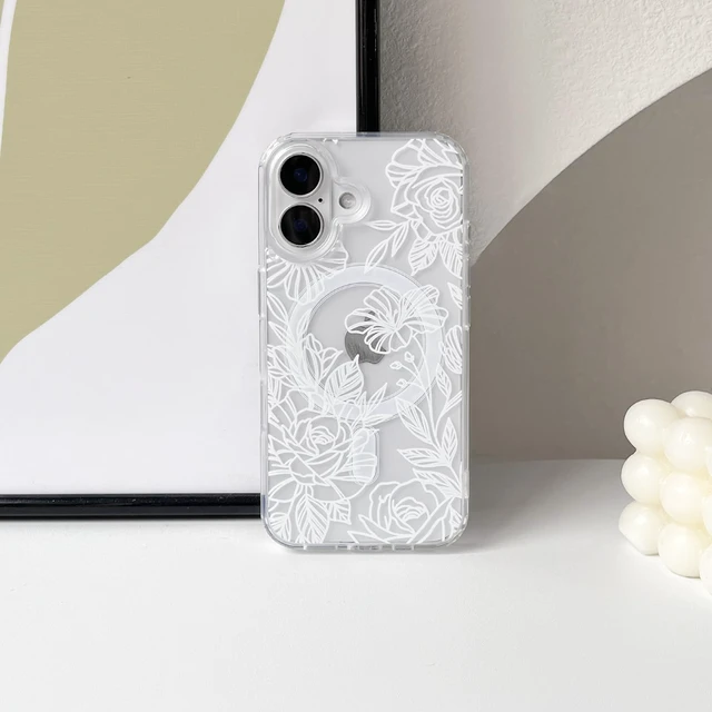 Alt view image 5 of 7 - for iPhone 17 Case Magnetic Cute Line Flower - White | Aesthetic, Compatible with MagSafe, Rose floral design, For girls women, Soft TPU hard PC back, Shockproof, Girly, Waterproof