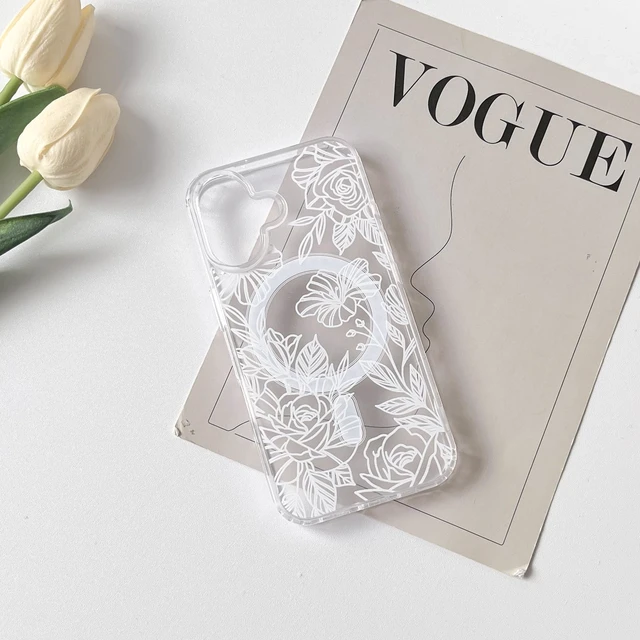 Alt view image 7 of 7 - for iPhone 17 Case Magnetic Cute Line Flower - White | Aesthetic, Compatible with MagSafe, Rose floral design, For girls women, Soft TPU hard PC back, Shockproof, Girly, Waterproof