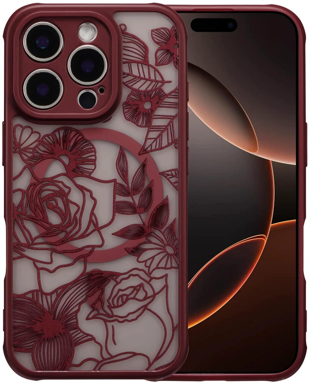 Main image of Magnetic Case for iPhone 16 Pro Cute Floral, Wine Red | Compatible with Magsafe, Floral Flower Rose Girly Aesthetic Burgundy Pattern for Women Girls, Matte Shockproof Bumper Cover