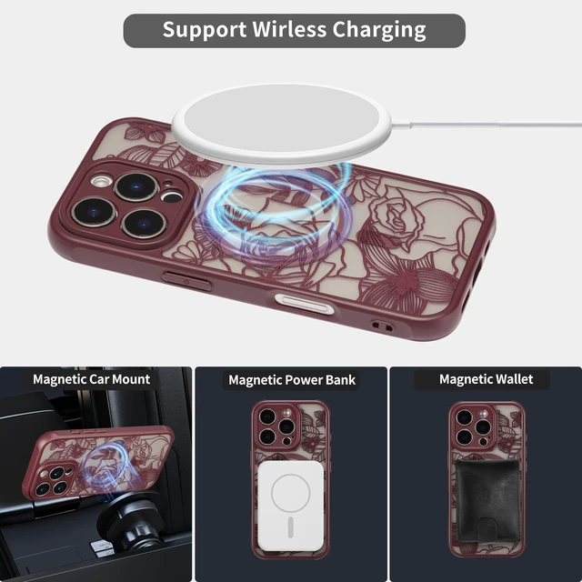 Alt view image 4 of 7 - Magnetic Case for iPhone 16 Pro Cute Floral, Wine Red | Compatible with Magsafe, Floral Flower Rose Girly Aesthetic Burgundy Pattern for Women Girls, Matte Shockproof Bumper Cover