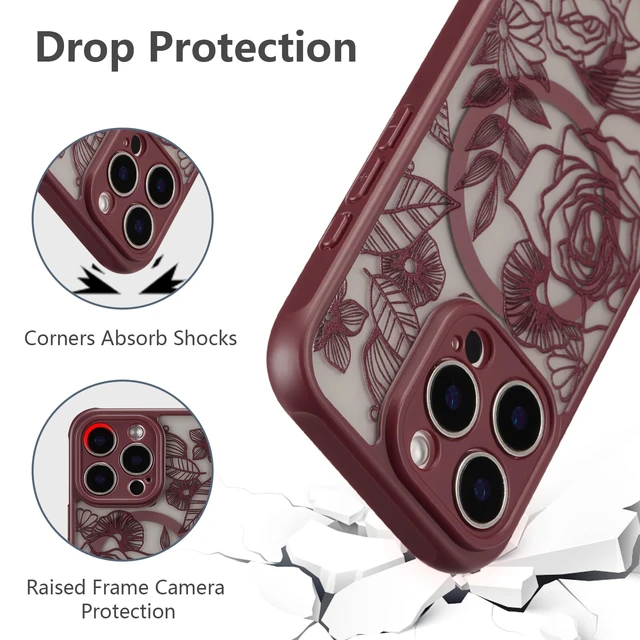 Alt view image 5 of 7 - Magnetic Case for iPhone 16 Pro Cute Floral, Wine Red | Compatible with Magsafe, Floral Flower Rose Girly Aesthetic Burgundy Pattern for Women Girls, Matte Shockproof Bumper Cover