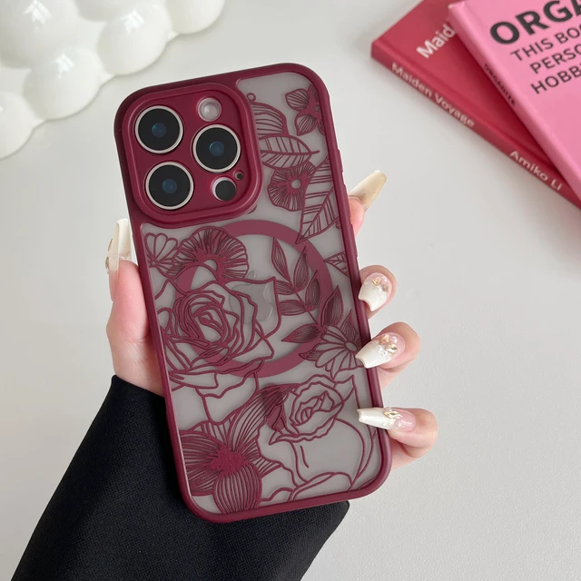 Alt view image 3 of 7 - Magnetic Case for iPhone 16 Pro Cute Floral, Wine Red | Compatible with Magsafe, Floral Flower Rose Girly Aesthetic Burgundy Pattern for Women Girls, Matte Shockproof Bumper Cover