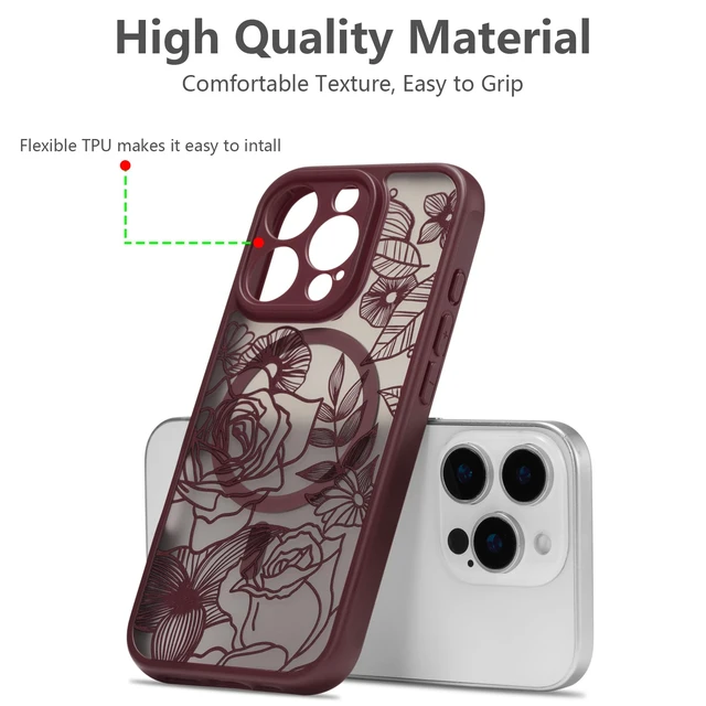 Alt view image 7 of 7 - Magnetic Case for iPhone 16 Pro Cute Floral, Wine Red | Compatible with Magsafe, Floral Flower Rose Girly Aesthetic Burgundy Pattern for Women Girls, Matte Shockproof Bumper Cover