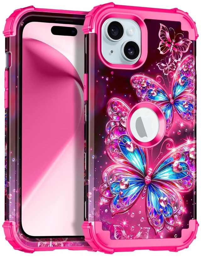 Main image of Compatible with iPhone 15 Case,Glow in The Dark Three Layer Heavy Duty Shockproof Hard Plastic Bumper+Soft Silicone Protective Case for Apple iPhone 15,Deep Pink